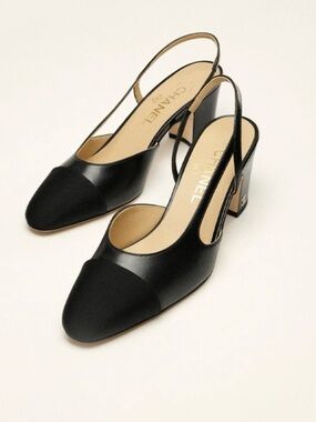 CHANEL Black Leather & Fabric Slingback Mules